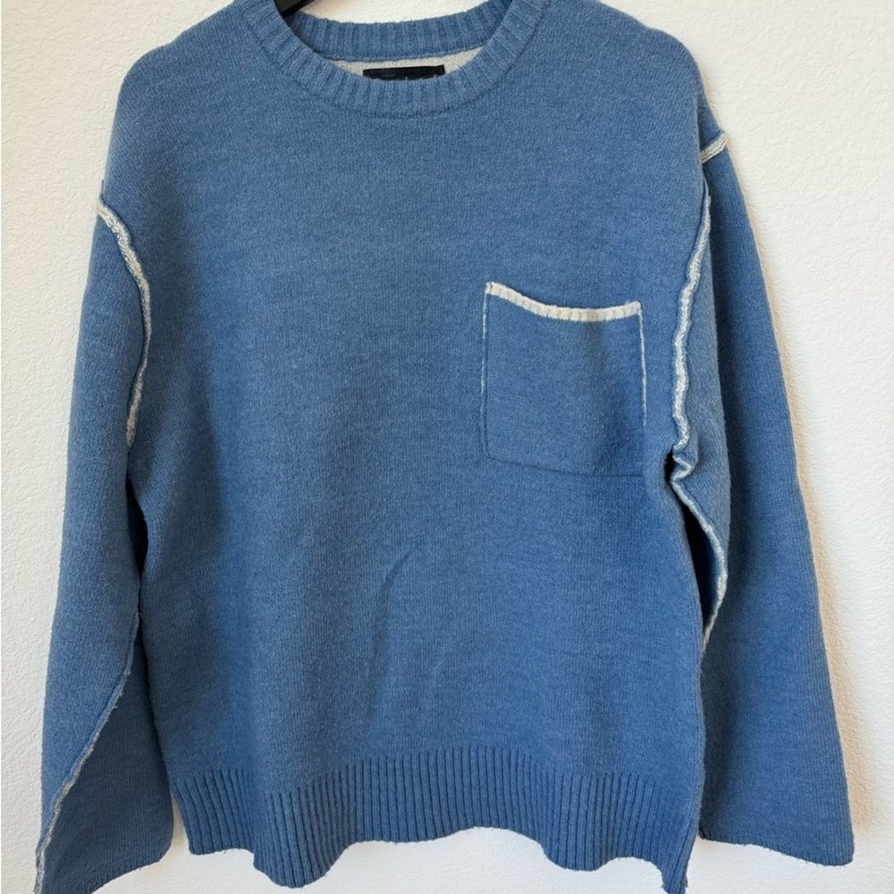 OAK + FORT Knit Sweater Women's Sz Small Blue Crewneck with Contrast Stitching